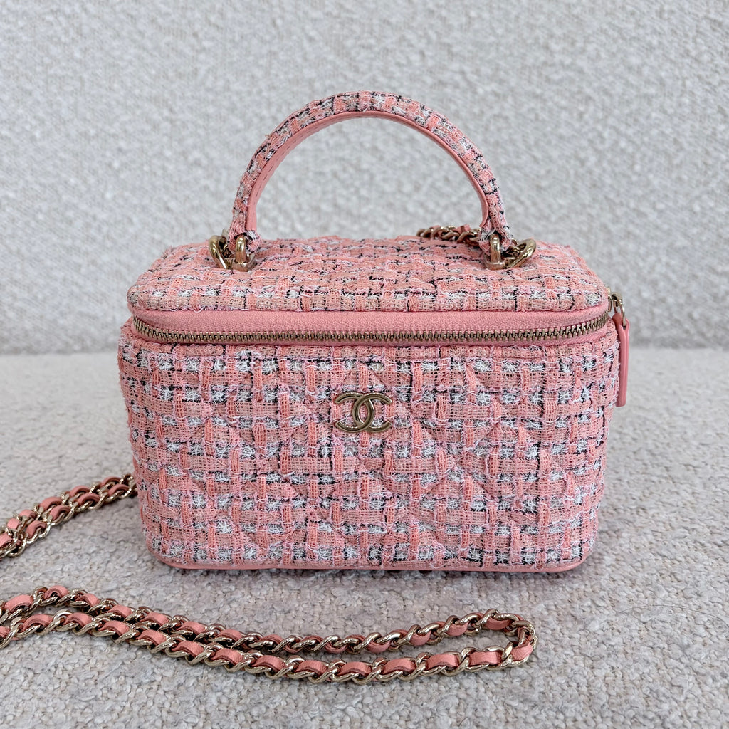 Pre-owned Chanel Long Vanity With Chain – Pink Tweed – Beccas Bags