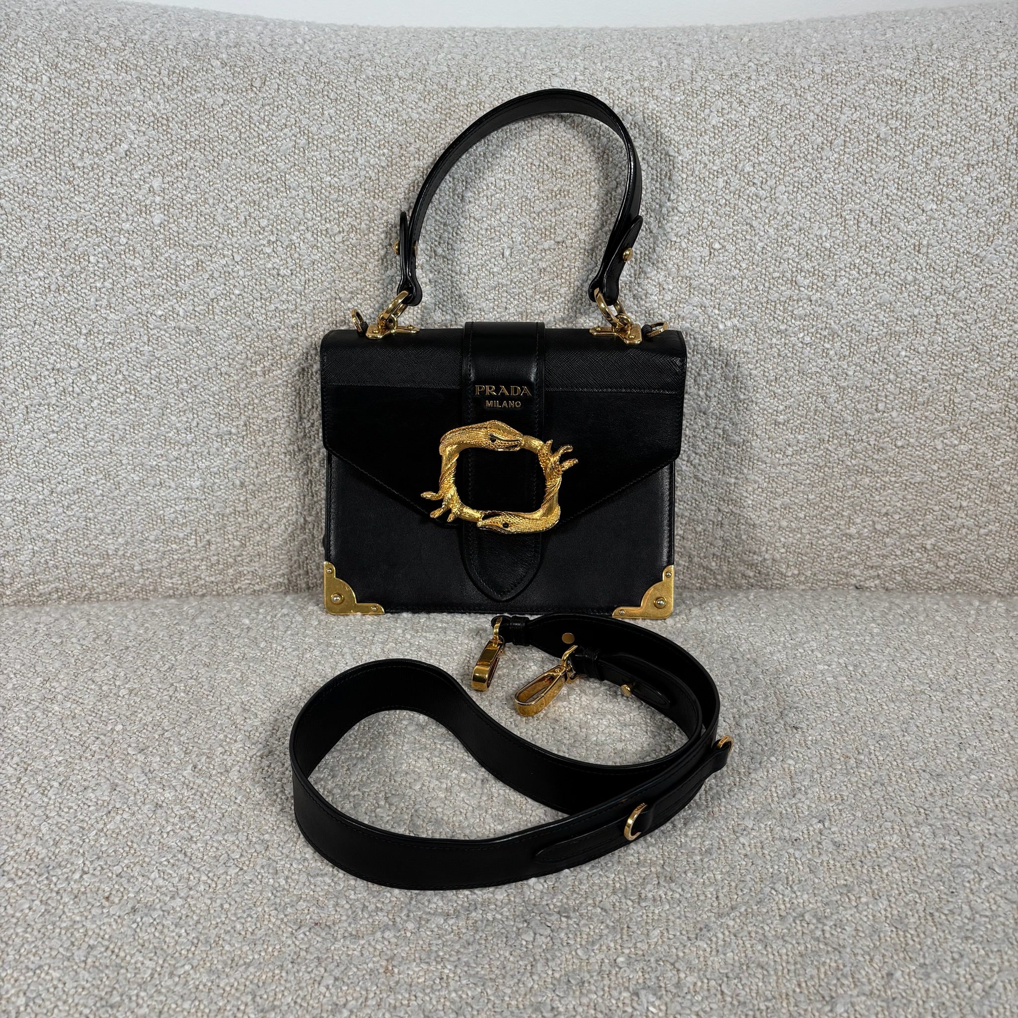 PRE-OWNED PRADA BLACK LEATHER ANIMALIER CAHIER CROSSBODY BAG WITH