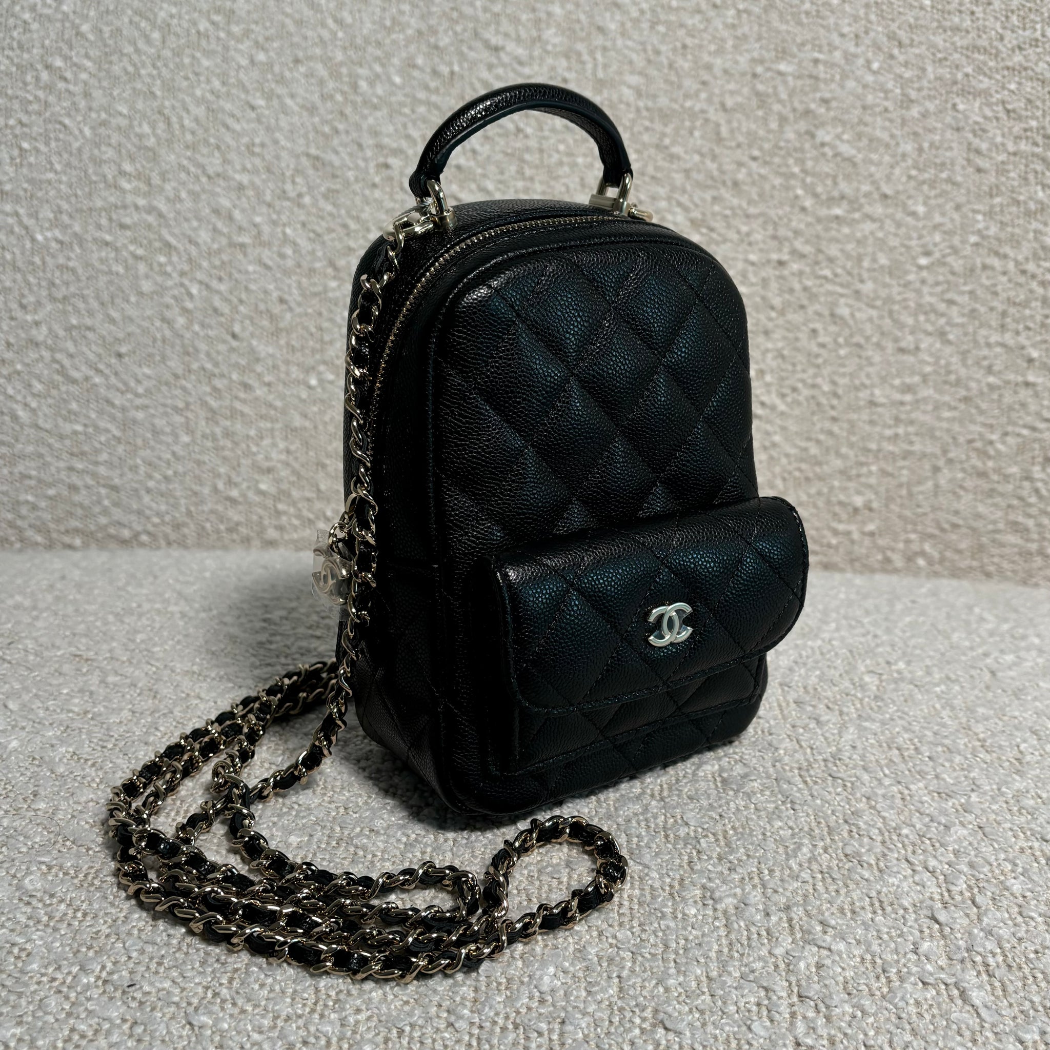 chanel mini black backpack Quilted Caviar Classic Single interior compartment CHANEL DUMA MINI BACKPACK CC
