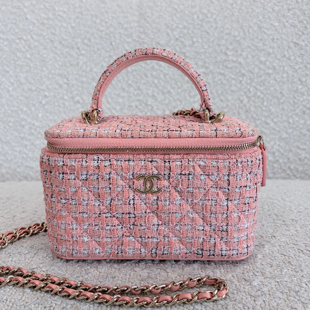 Pre-owned Chanel Long Vanity With Chain – Pink Tweed – Beccas Bags
