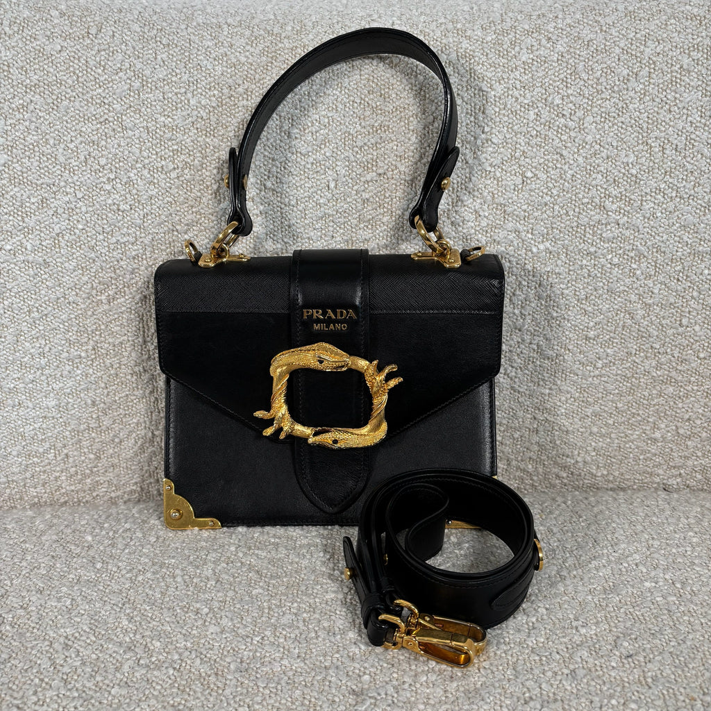 PRE-OWNED PRADA BLACK LEATHER ANIMALIER CAHIER CROSSBODY BAG WITH