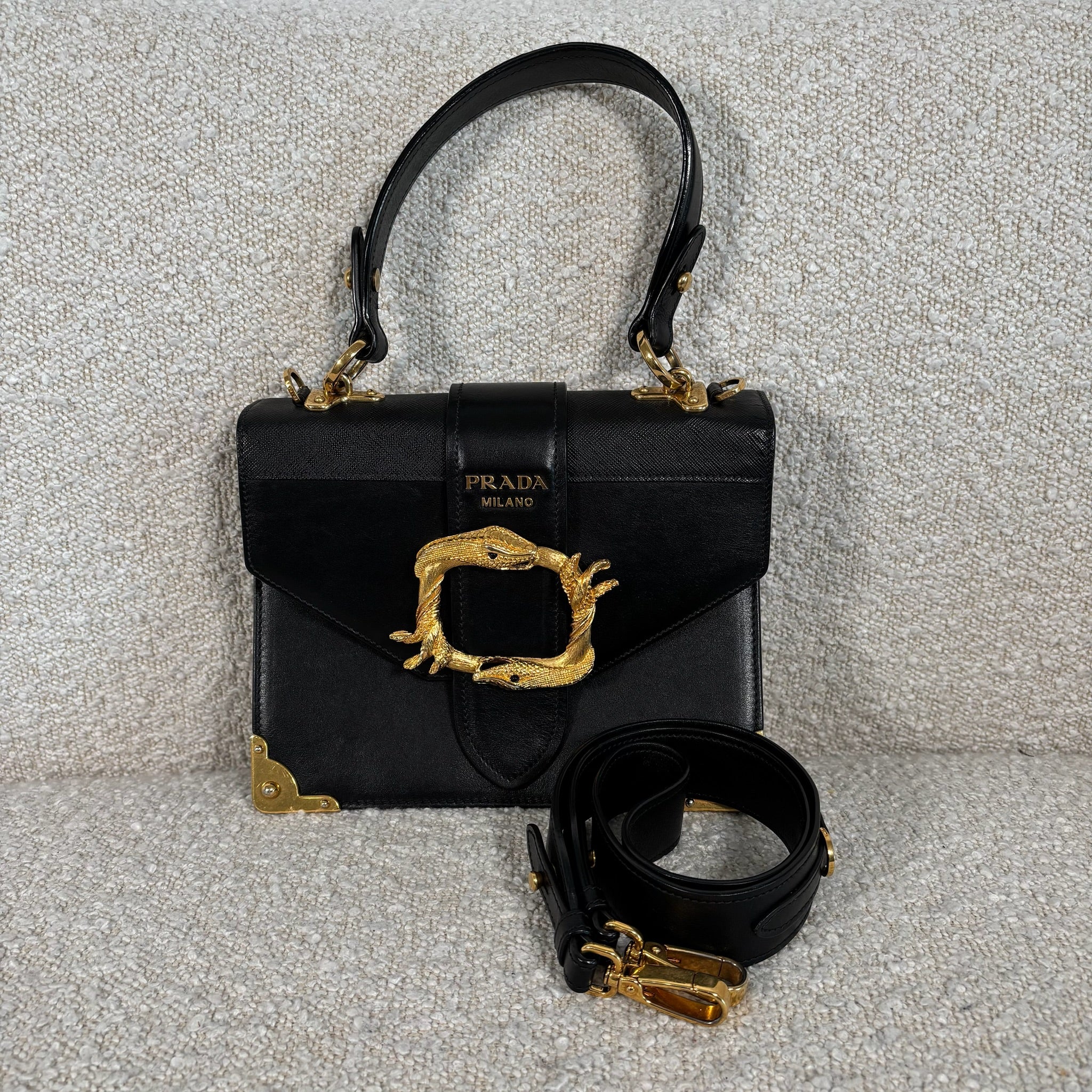 PRE-OWNED PRADA BLACK LEATHER ANIMALIER CAHIER CROSSBODY BAG WITH