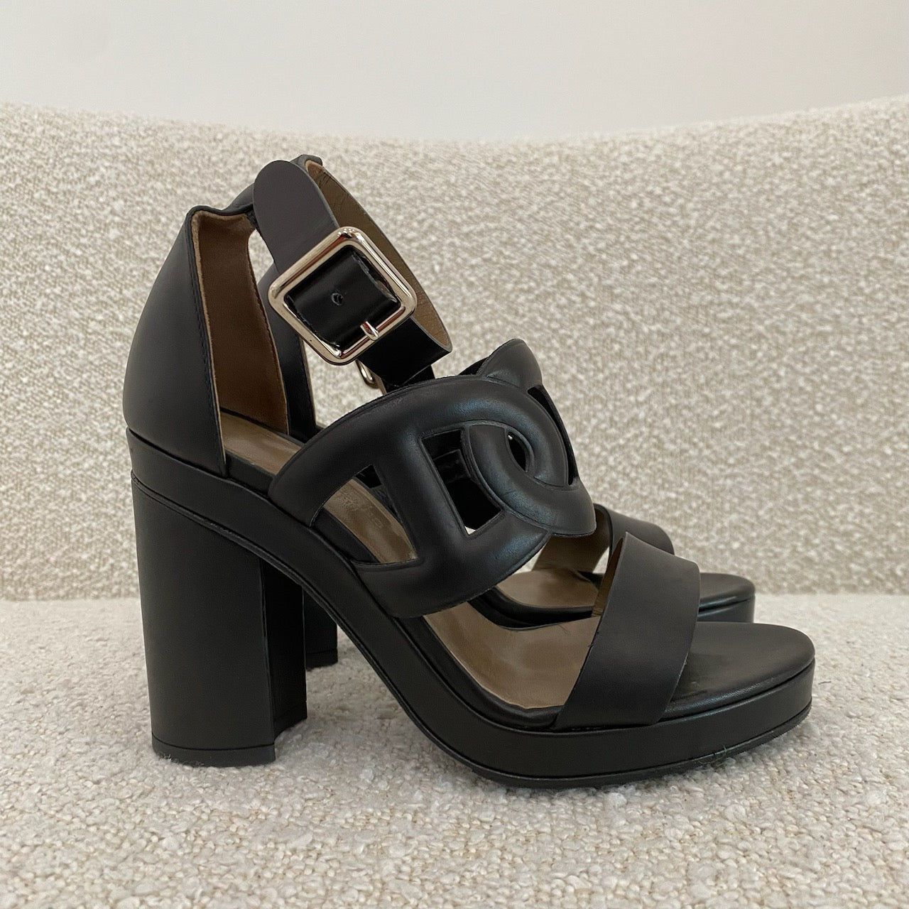 Pre-owned Hermes Black Leather Block Heels Ankle Strap