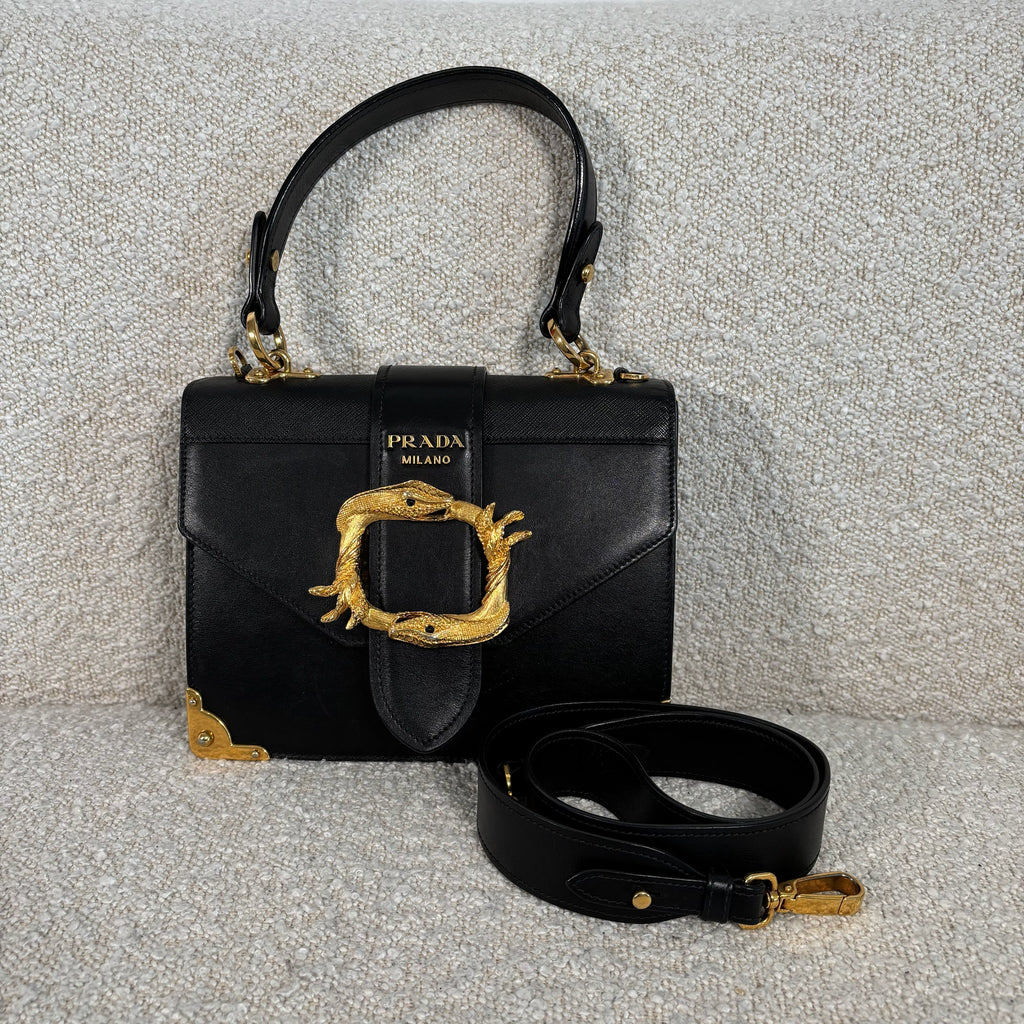 PRE-OWNED PRADA BLACK LEATHER ANIMALIER CAHIER CROSSBODY BAG WITH