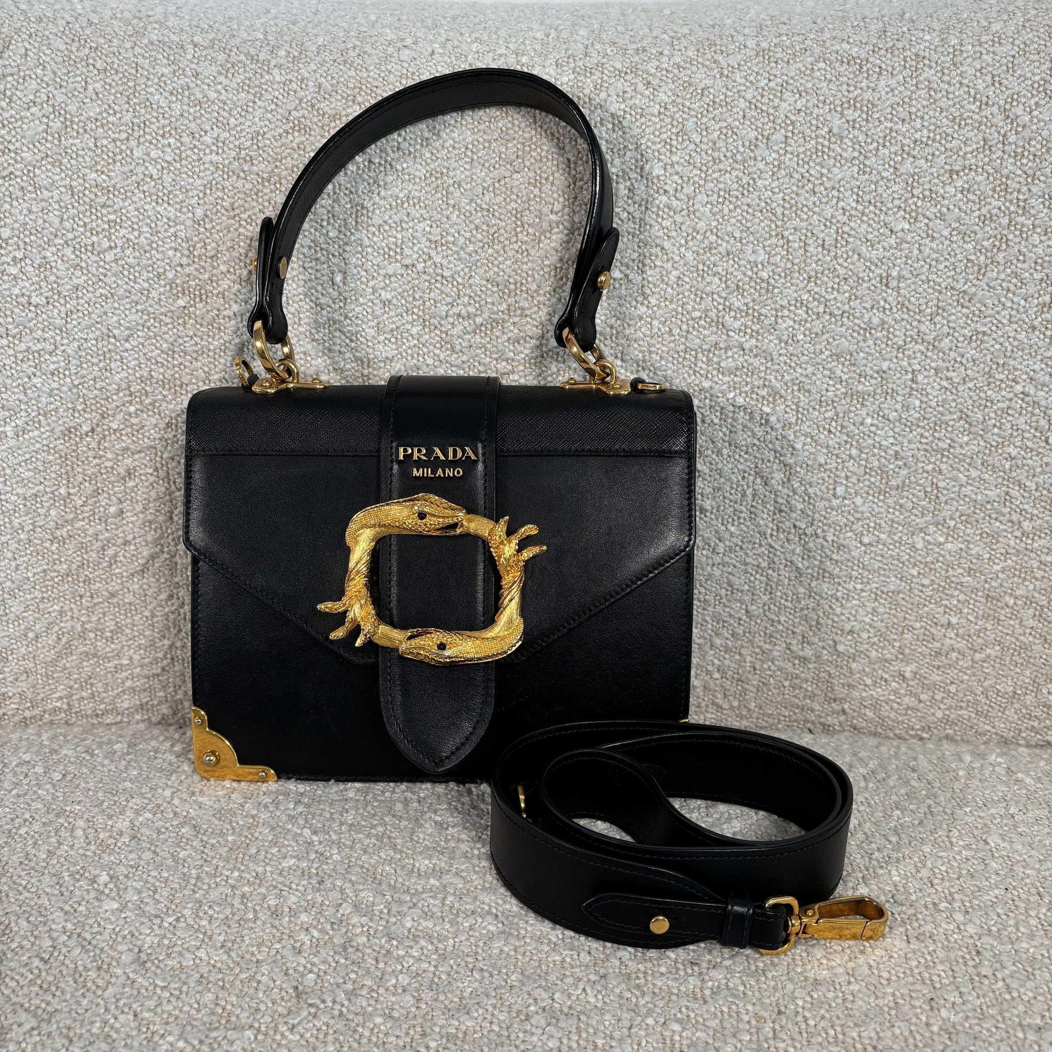 PRE-OWNED PRADA BLACK LEATHER ANIMALIER CAHIER CROSSBODY BAG WITH