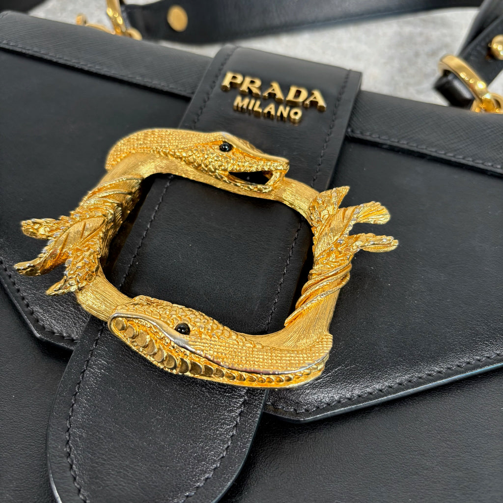 PRE-OWNED PRADA BLACK LEATHER ANIMALIER CAHIER CROSSBODY BAG WITH
