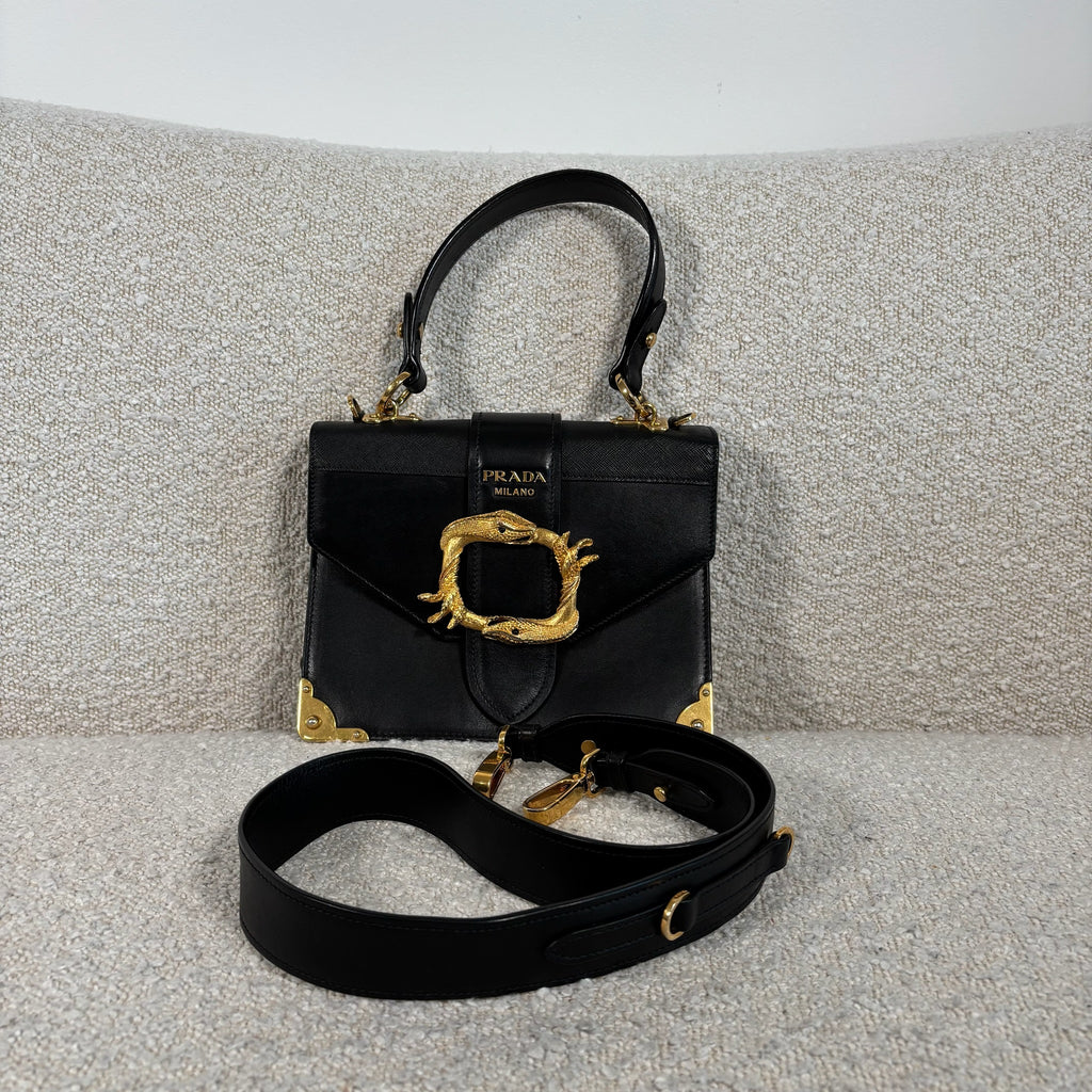 PRE-OWNED PRADA BLACK LEATHER ANIMALIER CAHIER CROSSBODY BAG WITH