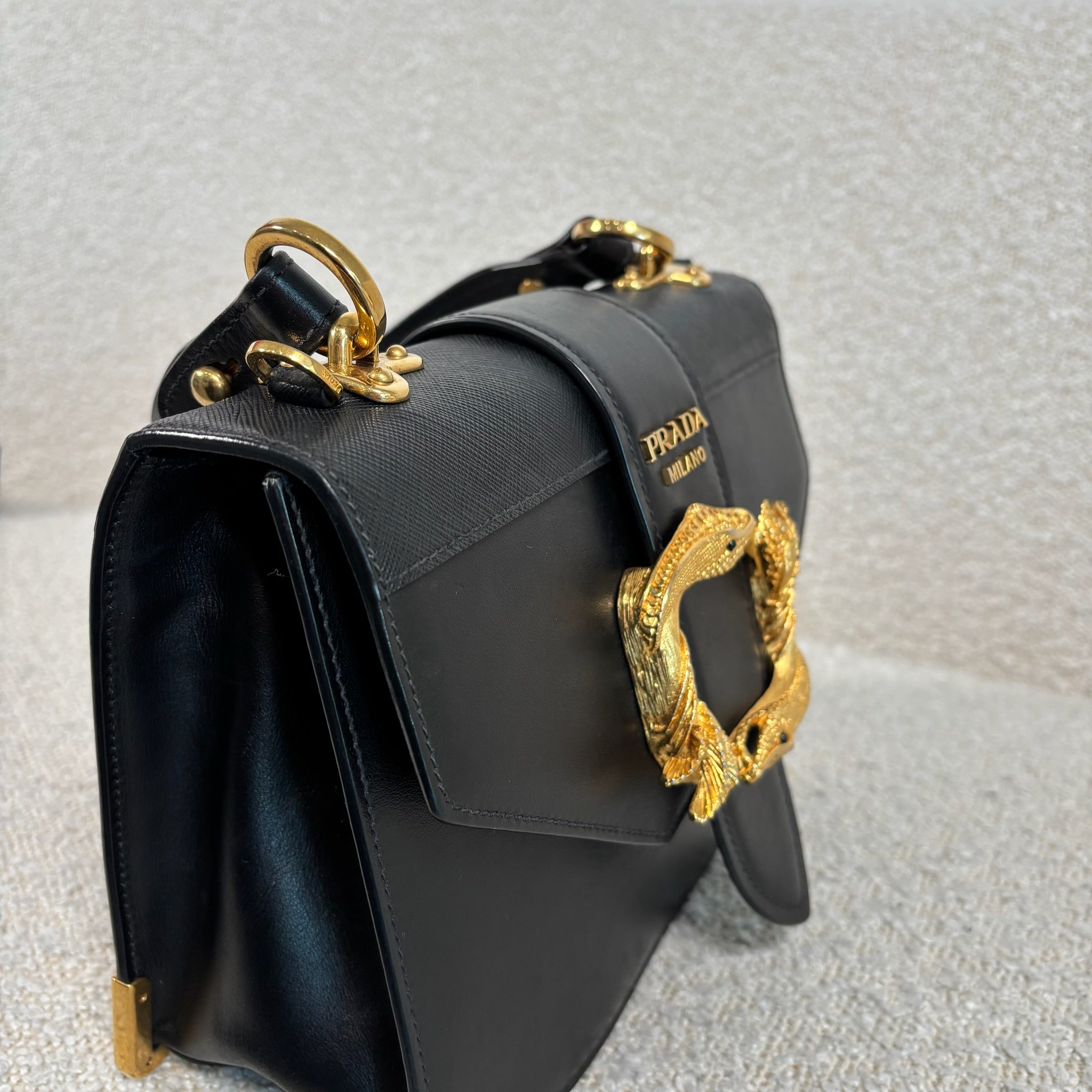 PRE-OWNED PRADA BLACK LEATHER ANIMALIER CAHIER CROSSBODY BAG WITH