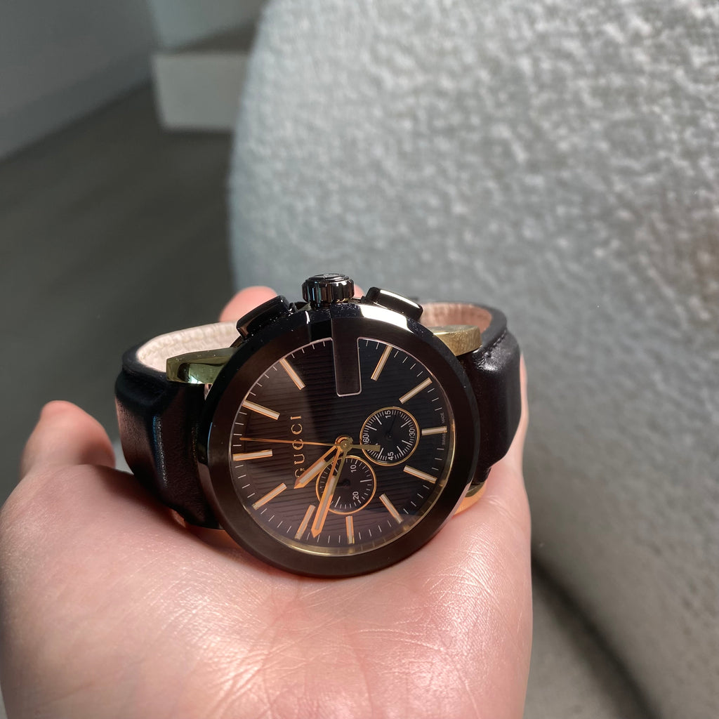 Pre-owned Gucci Men's G-Chrono watch featuring a 44mm gold PVD