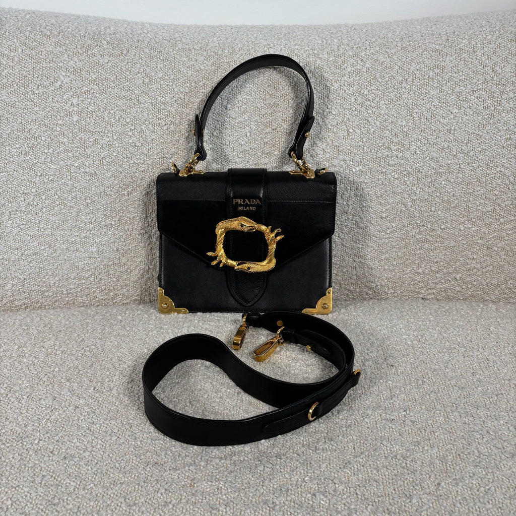 PRE-OWNED PRADA BLACK LEATHER ANIMALIER CAHIER CROSSBODY BAG WITH