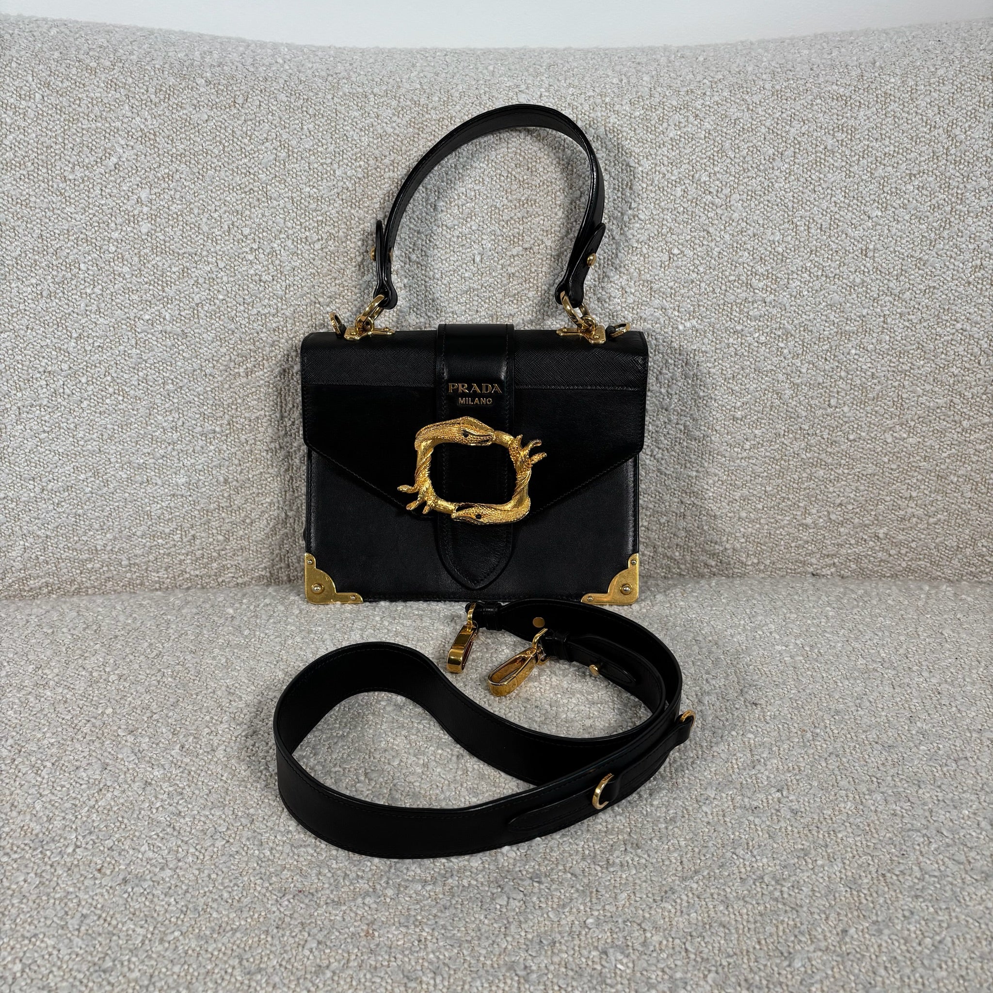 PRE-OWNED PRADA BLACK LEATHER ANIMALIER CAHIER CROSSBODY BAG WITH