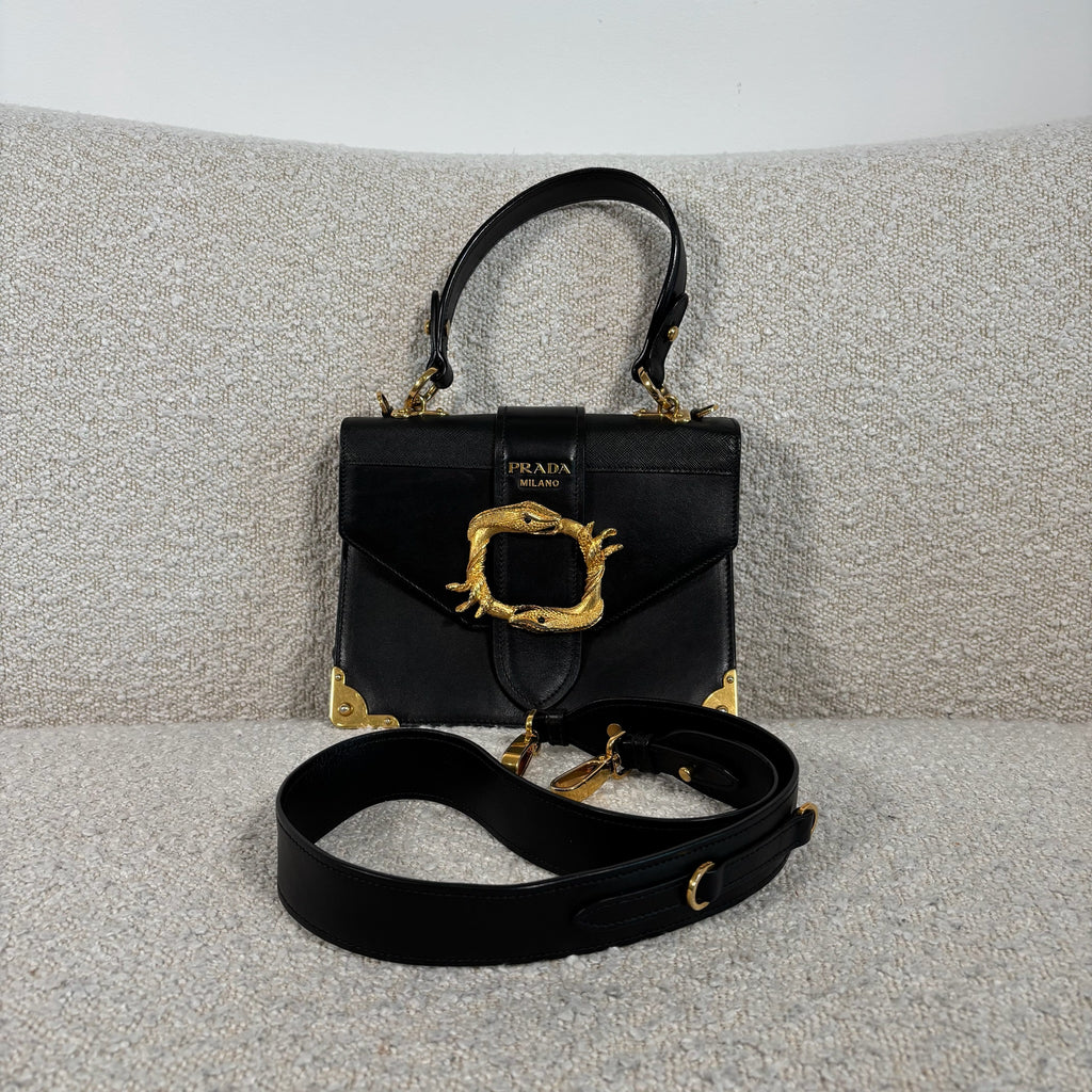 PRE-OWNED PRADA BLACK LEATHER ANIMALIER CAHIER CROSSBODY BAG WITH
