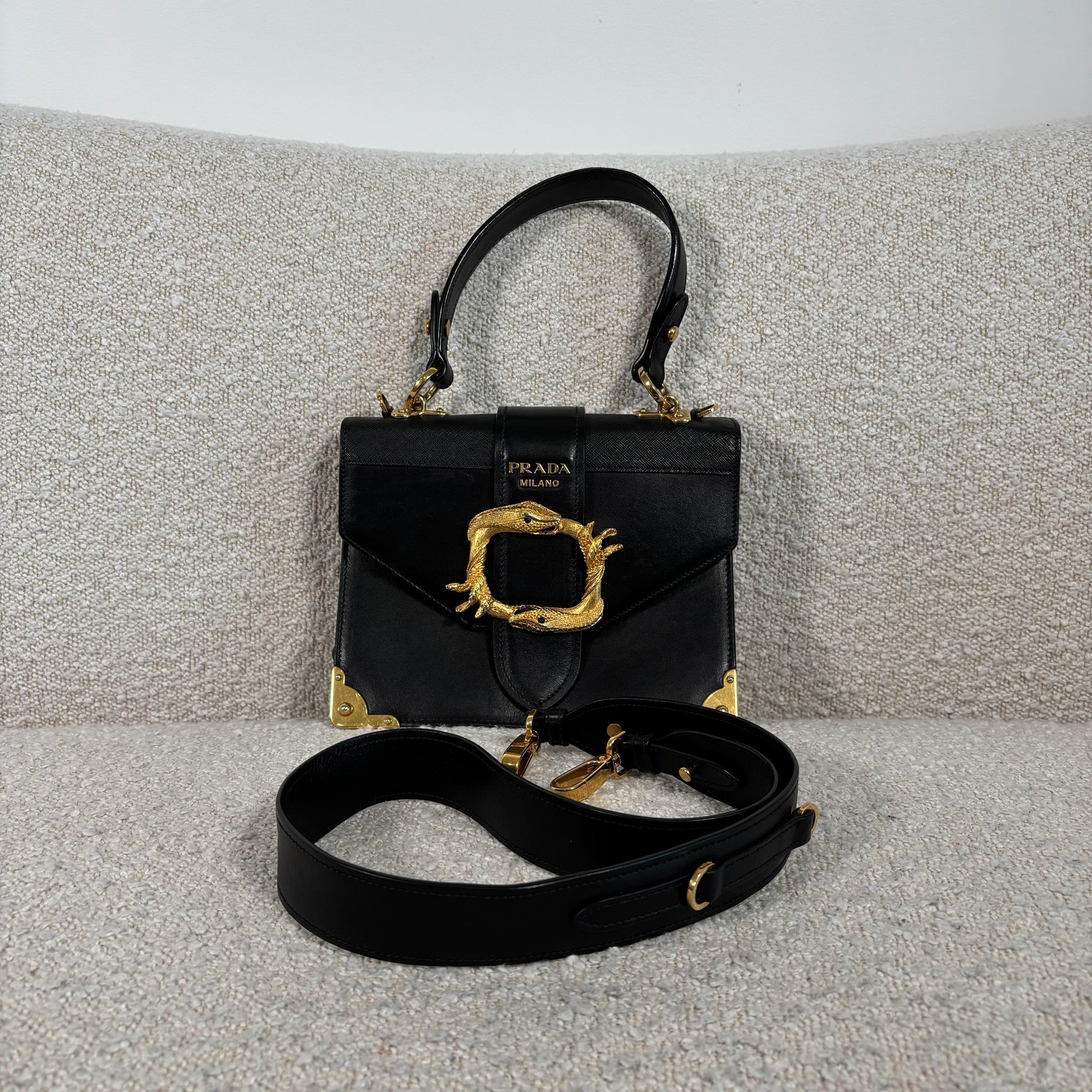 PRE-OWNED PRADA BLACK LEATHER ANIMALIER CAHIER CROSSBODY BAG WITH