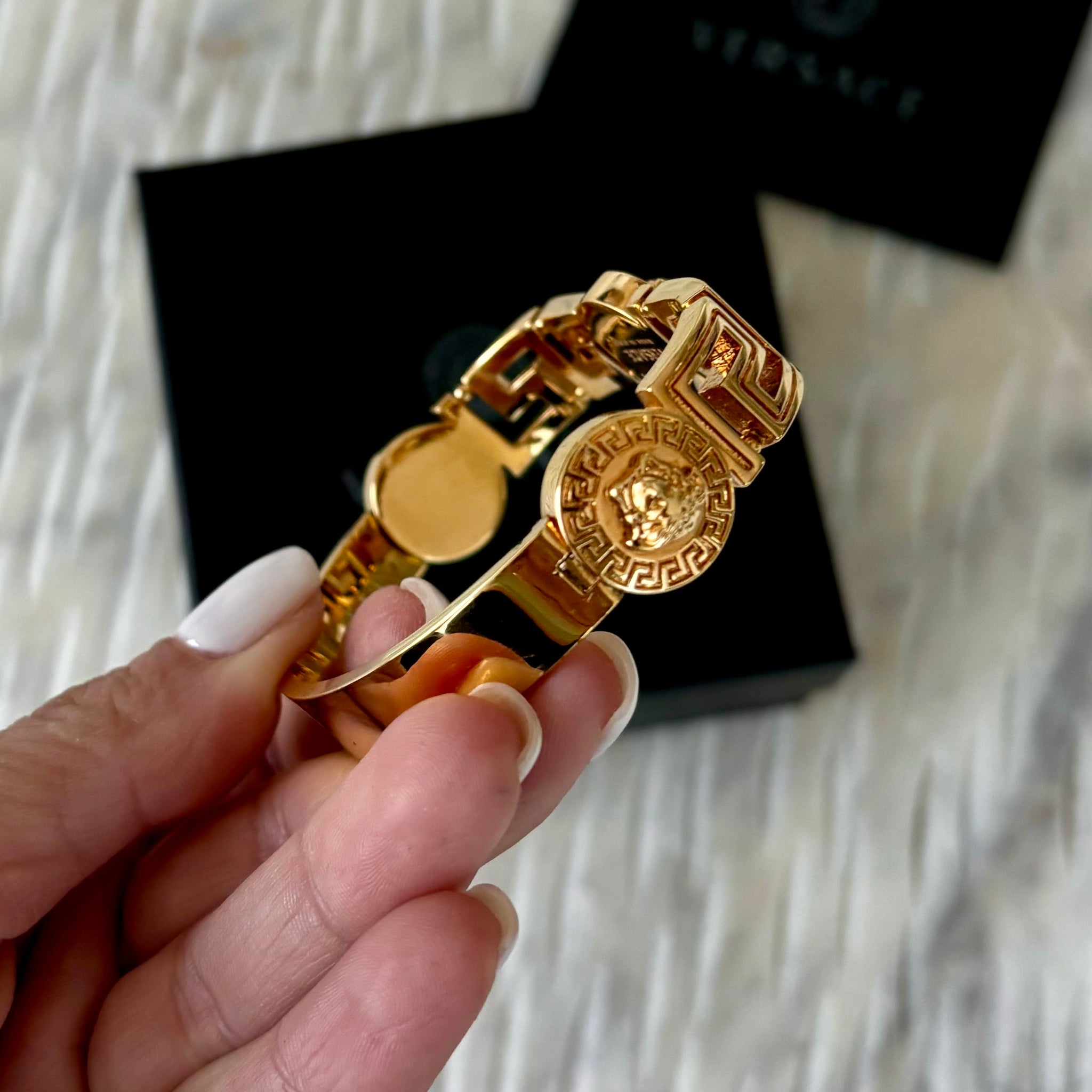 Pre-owned Versace Greca Medusa Gold Tone Bangle Bracelet