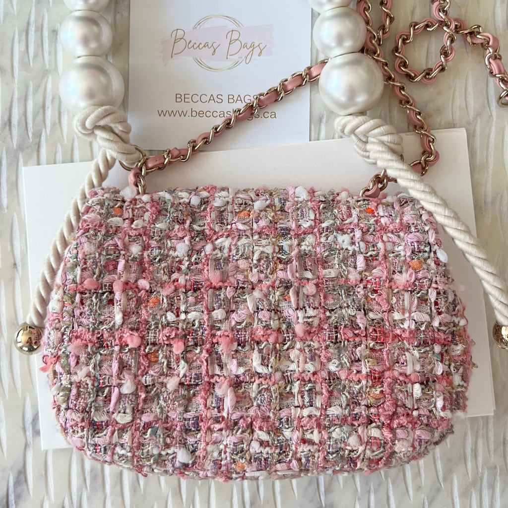CHANEL Tweed Mini Pearl Handle Flap Pink Beige Orange Ecru 501740