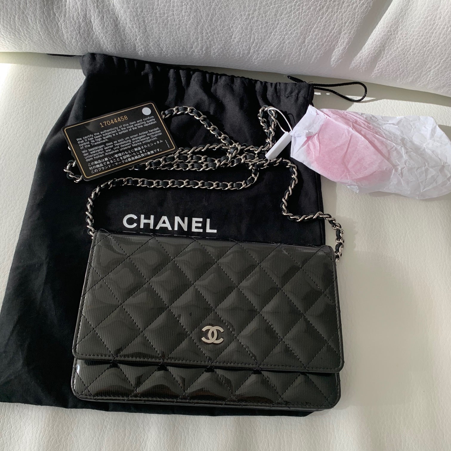 CHANEL WOC Chevron Patent Leather Crossbody Wallet On Chain Bag Blue