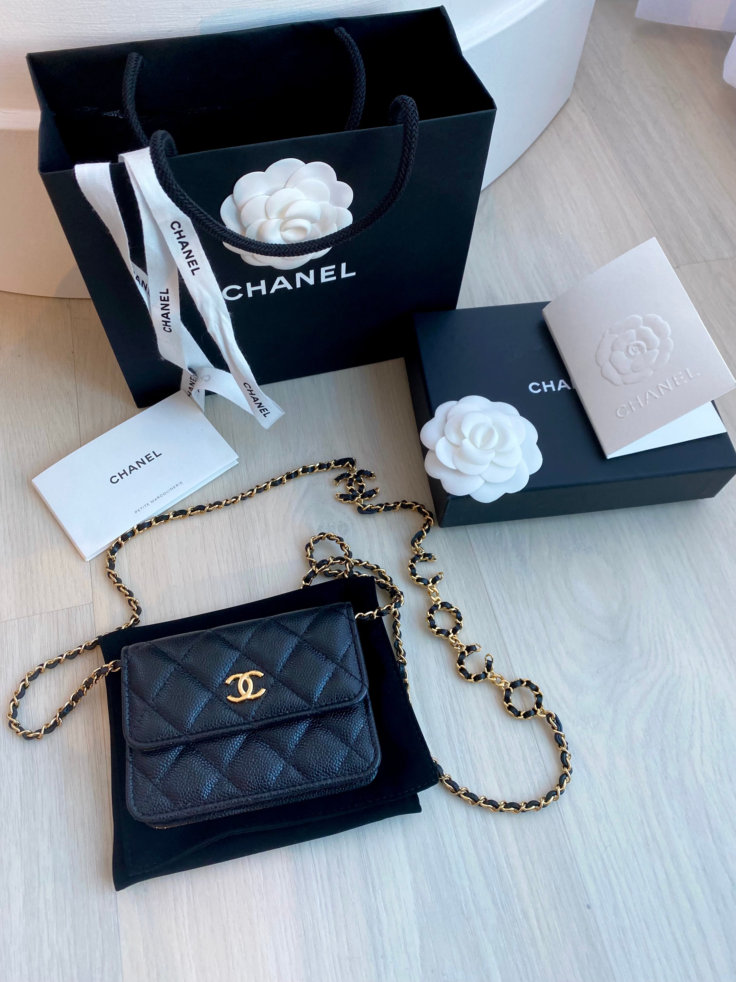 Chanel Black Quilted Caviar Leather Flap Card Holder with Charm Chain   STYLISHTOP