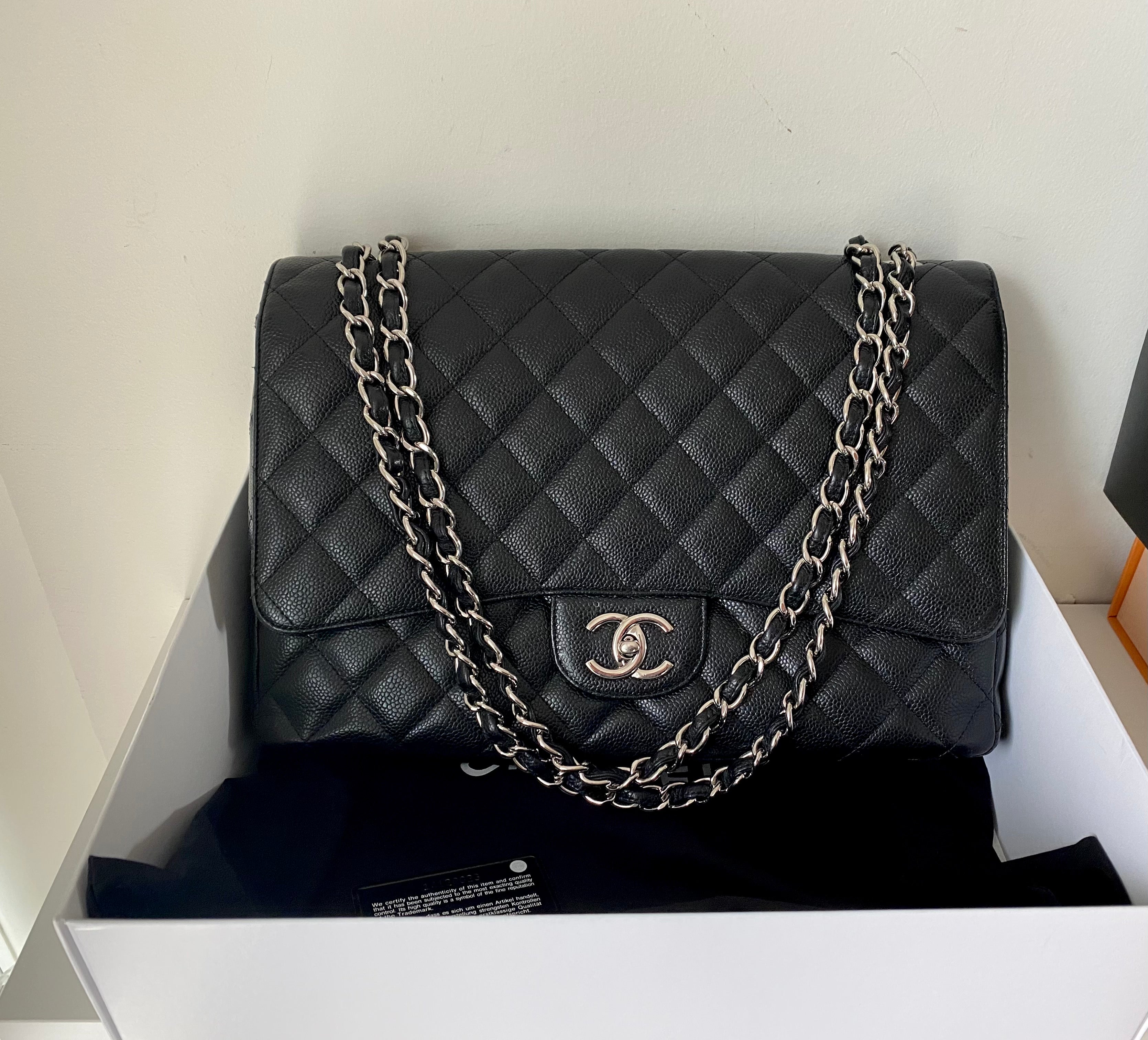 Chanel Classic Jumbo Double Flap, Black Caviar Leather, Silver Hardware, As  New in Box