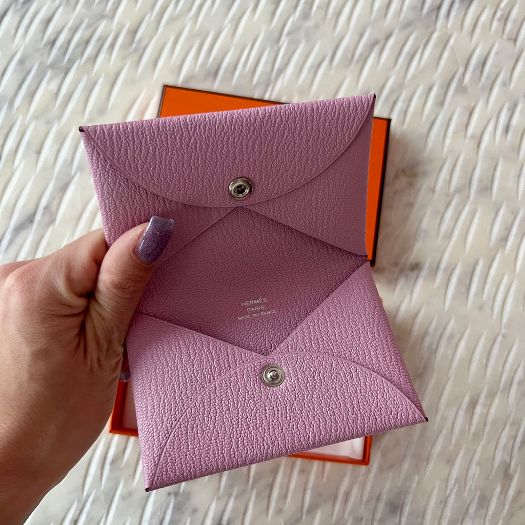 Hermes Calvi Card Holder Mauve Sylvestre Chevre New w/Box