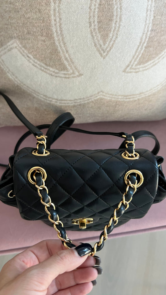 Chanel Black Shiny Sheepskin Quilted Large Trapezio Flap Bag
