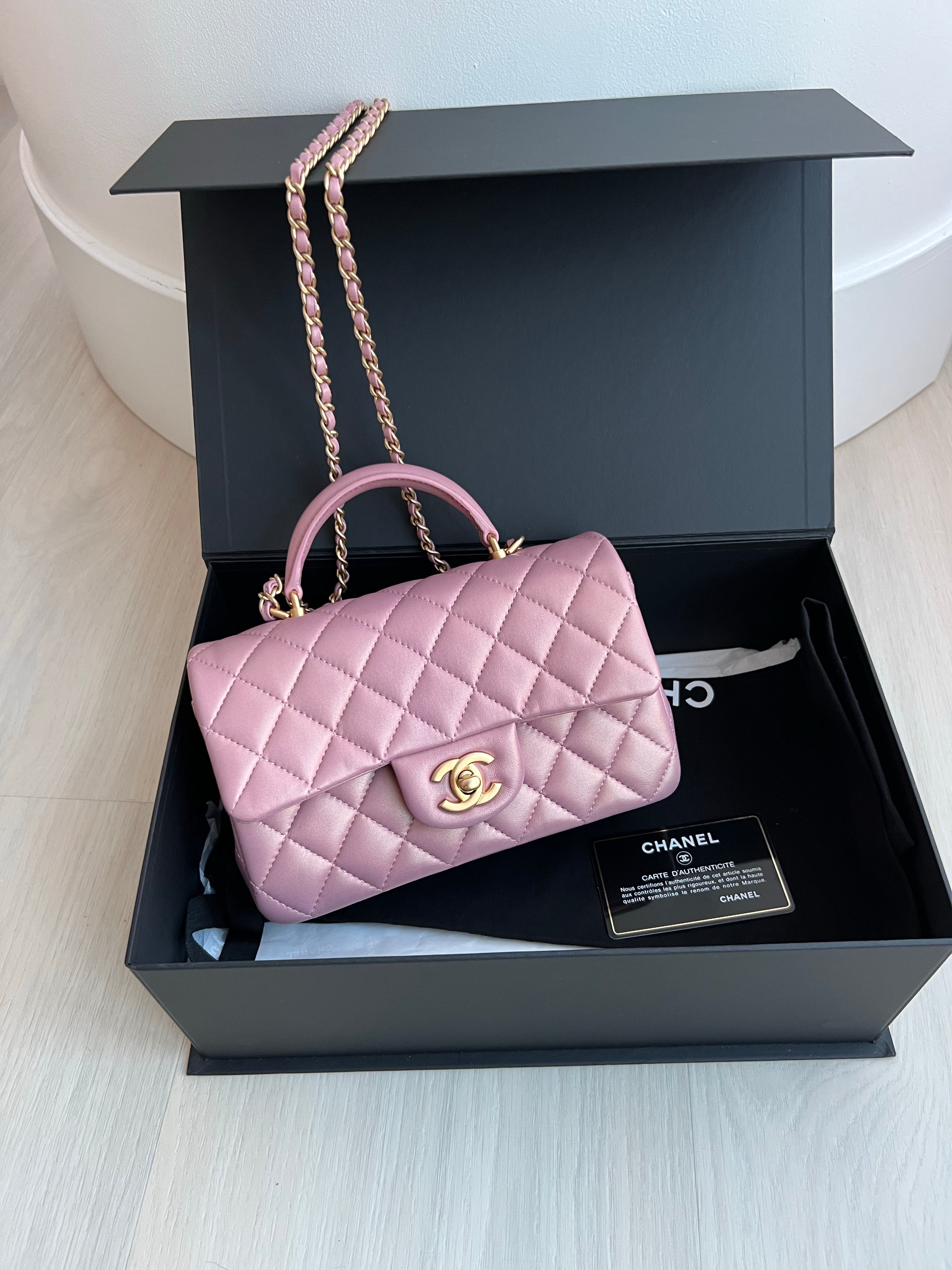 Chanel Baby Pink Quilted Lambskin Top Handle Flap Bag Gold